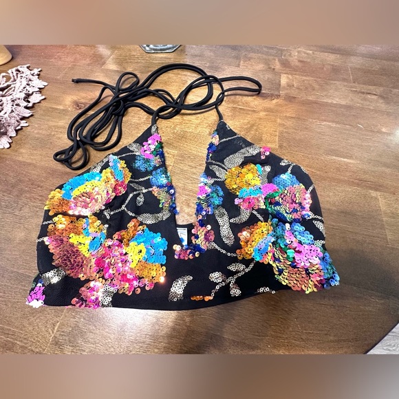 🏖️ never worn Gorgeous colorful sequins floral halter top with excellent. - Picture 1 of 6